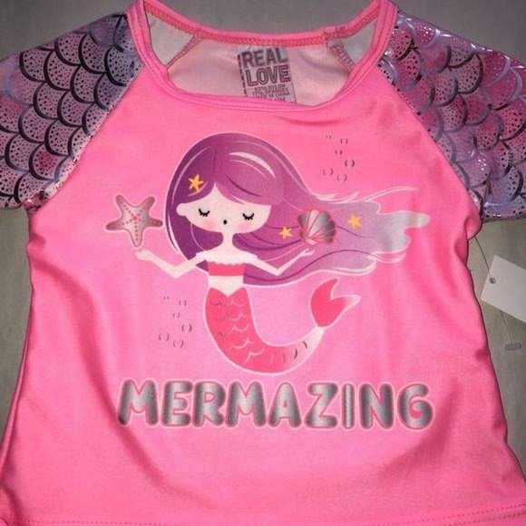 Real Love Mermaid Metallic‎ Two Piece Swimsuit Pink Girls Size 12 Months Ruffle - Picture 2 of 8